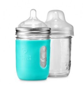 glass mason jars with nipple top, cap, and turquoise silicone sleeve